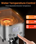 Adjustable Temperature Espresso Machine With Bright Led Display And Creamy Milk Frothing Wand showing water temperature control and extraction settings.