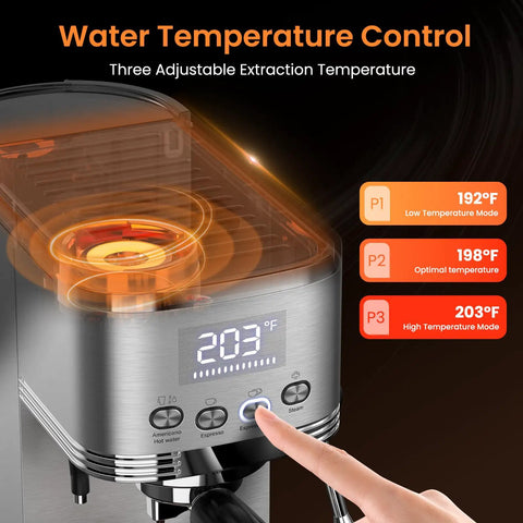 Adjustable Temperature Espresso Machine With Bright Led Display And Creamy Milk Frothing Wand showing water temperature control and extraction settings.