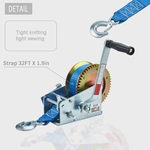 Heavy Duty 3500 Lbs Boat Trailer Winch With 32 Foot Strap, Hand Winch, showcasing 32ft blue strap and metal gear