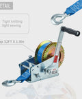 Beefy 3500 Lb Boat Winch With 32ft Blue Strap showing details of 2-speed hand winch for boat trailer towing with galvanized steel gear