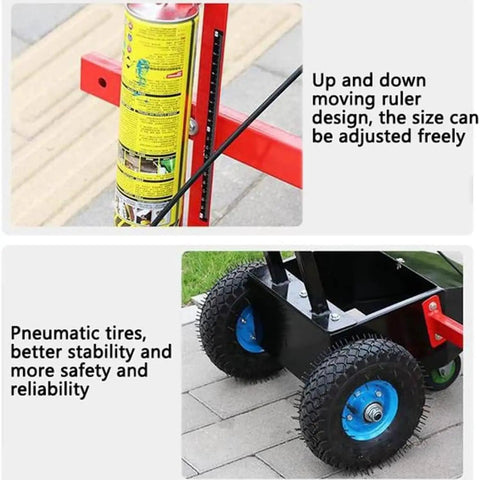 Striping Machine Floor Tape Applicator Workhorse For Factory And Warehouse Use, red steel frame with adjustable ruler and pneumatic tires