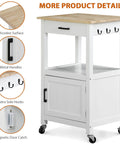 Smooth Rolling Kitchen Island Cart With Heavy Duty Casters And Solid Wood Top, White Mobile Coffee Bar and Microwave Stand for Dining Rooms, showing metal handles and wooden top.