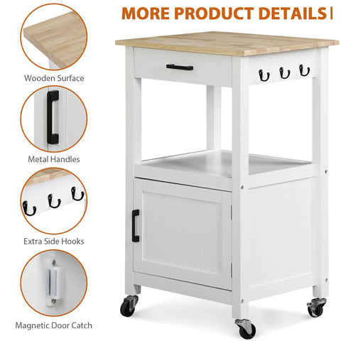 Smooth Rolling Kitchen Island Cart With Heavy Duty Casters And Solid Wood Top, White Mobile Coffee Bar and Microwave Stand for Dining Rooms, showing metal handles and wooden top.