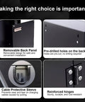 Heavy Duty EV Charger Lock Box Outdoor Wall Mount Station Enclosure With Tempered Glass Window showing removable back panel, cable sleeve, and pre-drilled holes.