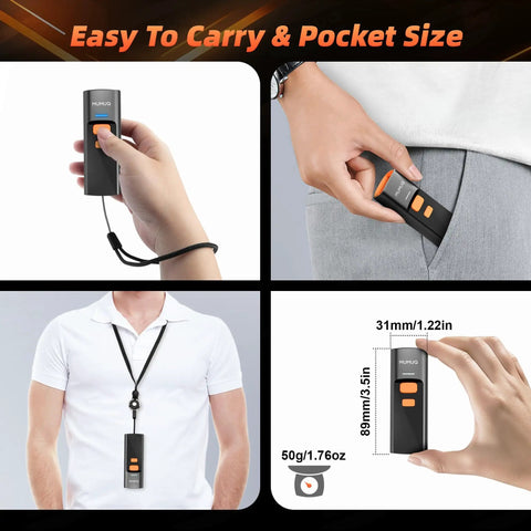 Ultra Pocket Sized 2D Barcode Scanner Bluetooth 3 In 1 Wireless USB 2.4G Barcode Reader size comparison with hand and pocket