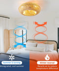 Coastal Boho 20 Inch Ceiling Fan With Light Rattan Caged Flush Mount in bedroom showing summer and winter airflow with reversible motor.