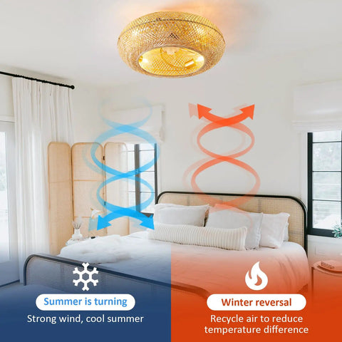 Coastal Boho 20 Inch Ceiling Fan With Light Rattan Caged Flush Mount in bedroom showing summer and winter airflow with reversible motor.
