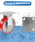 Six Inch Industrial Casters Heavy Duty Polyurethane Wheels On Steel Hub Zero Noise Roll Rigid Frame 1200 Pound Capacity dimensions diagram with measurements.