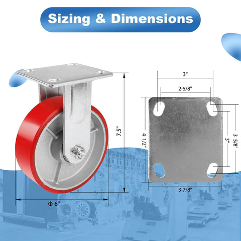 Six Inch Industrial Casters Heavy Duty Polyurethane Wheels On Steel Hub Zero Noise Roll Rigid Frame 1200 Pound Capacity dimensions diagram with measurements.