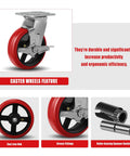 Six Inch Heavy Duty Industrial Casters Featuring Crowned Red Polyurethane Treads And Rock Solid Cast Iron Cores, detailed caster wheel view.