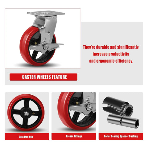 Six Inch Heavy Duty Industrial Casters Featuring Crowned Red Polyurethane Treads And Rock Solid Cast Iron Cores, detailed caster wheel view.