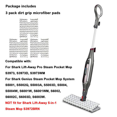 Image of Shark steam mop with three pack dirt grip microfiber replacement pads visible, compatible with Lift Away Pro and Genius systems.