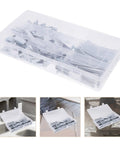 Close-up of Heavy Duty Toggle Bolt And Wing Nut Kit With 48 Piece Carbon Steel Wall Anchors in transparent storage case.