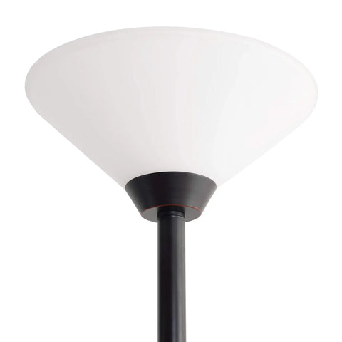 Top view of Rush Floor Lamp In Oil Rubbed Bronze 72 Inch Tall Torchiere With White Glass Shade, showing the white glass shade.