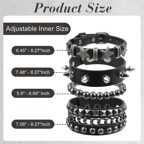 Set Of Four Badass Punk Studded Leather Bracelets For Men And Women Adjustable Spike Rock Goth Emo Y2K Grunge Wrist Cuffs Size Chart