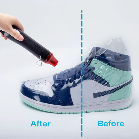 Shoe Shrink Wrap Bags Kit With 50 Pcs Of 18 By 11 Inch Bags And A Mini Heat Gun For Sneaker Storage showing before and after effect