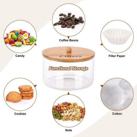 Rustic Glass Coffee Filter Holder With Lid, Easy Access Storage Dispenser For Counter holds coffee beans, cookies, nuts