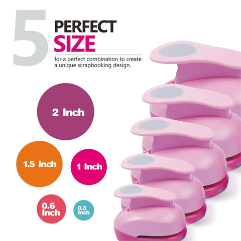 5 Piece Craft Hole Punch Set For Scrapbooking And Card Making showing five pink circle punches in various sizes