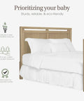Full Size Bed Conversion Rail Kit For Bradford Convertible Cribs Durable Pinewood Rails with white bedding in Alpine Oak finish