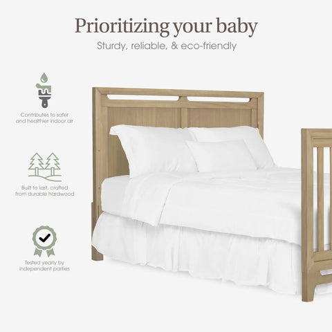 Full Size Bed Conversion Rail Kit For Bradford Convertible Cribs Durable Pinewood Rails with white bedding in Alpine Oak finish