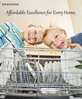 Children loading a dishwasher with Top Rack Replacement Kit for Whirlpool Dishwashers 20 Pcs W10712395 W10350375 visible.