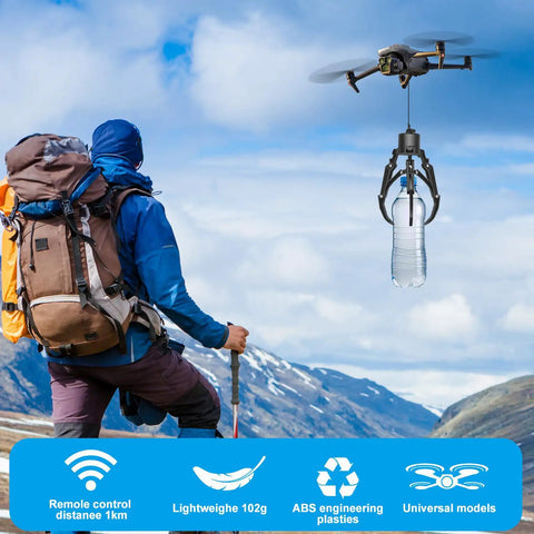 Upgrade Your Drone Game With This Awesome Universal Claw Grabber for DJI Drones Smart Manipulator Tool Easy Insta Mount For Mavic Mini Air Drop Airdrop Accessory Perfect For Hauling Stuff And Heavy Lifting Missions In Style, drone lifting a water bottle in a mountainous area.