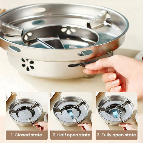 Adjustable lid detail on Go-To Portable Alcohol Stove Set For Camping And Backpacking with stainless steel design.