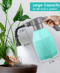 Hand using Half Gallon Electric Spray Bottle Mister for Indoor and Outdoor Plants, showing 2L capacity with adjustable nozzle.