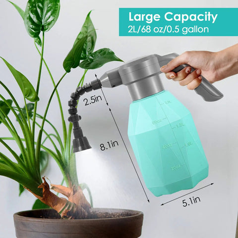 Hand using Half Gallon Electric Spray Bottle Mister for Indoor and Outdoor Plants, showing 2L capacity with adjustable nozzle.
