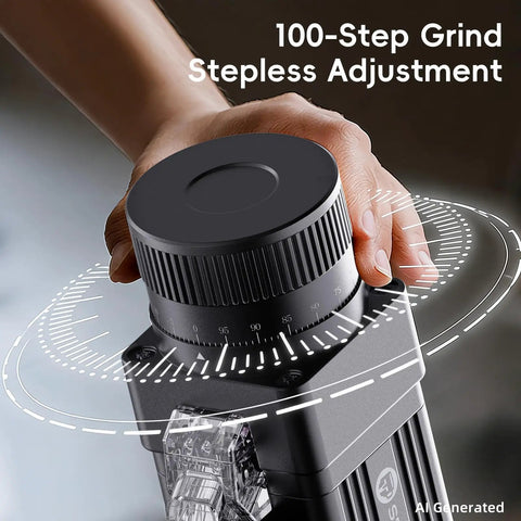 Legendary Electric Coffee Grinder With 55mm Titanium Conical Burr And Dead Straight Stepless Dial featuring 100-step grind adjustment.