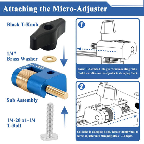 Genuine Feel Micro Adjuster For Band Saw Fence Woodworking Dial In Tool showing black T-knob, brass washer, and T-bolt assembly.
