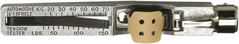 Close-up of Krikit V Belt Tension Gauge For Auto Shops With Pocket Clip Pro Grade Durable Die Cast Aluminum Body Reads 30 To 160 Lb And 15 To 75 Kg.