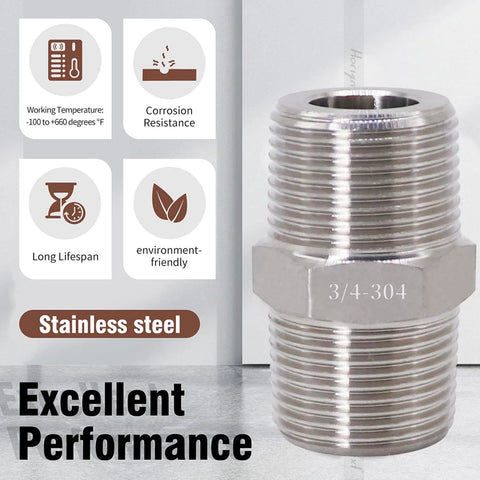 Stainless steel hex pipe fitting, 3/4-304, NPT male thread, two-piece set