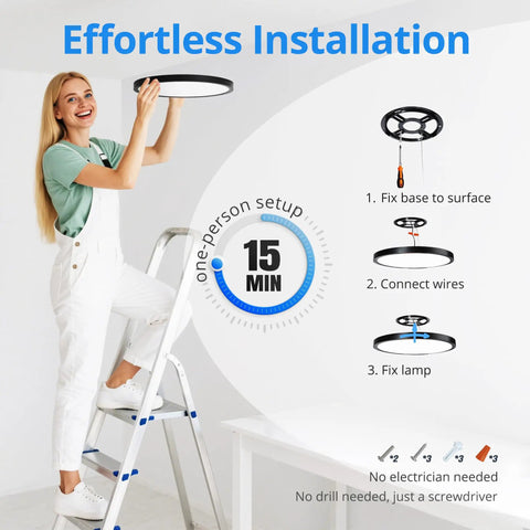 Woman installing Six Pack 2640LM Dimmable LED Flush Mount Ceiling Light Fixtures With 5CCT 2700K To 6500K Selectable, no drill needed