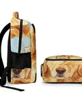 Side and top view of Bone Tag Golden Dog Printed Backpack For Unisex Large Capacity Durable Polyester Daypack
