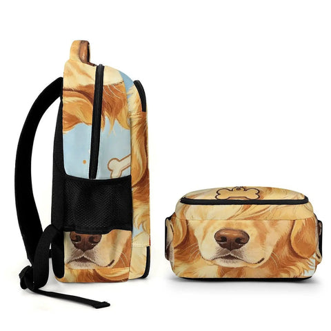 Side and top view of Bone Tag Golden Dog Printed Backpack For Unisex Large Capacity Durable Polyester Daypack