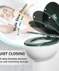 Image of Elongated Toilet Seat With Quiet Close Hinges, MDF Wood Build, Lotus Leaf Finish, soft-closing feature and relaxing background