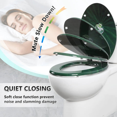 Image of Elongated Toilet Seat With Quiet Close Hinges, MDF Wood Build, Lotus Leaf Finish, soft-closing feature and relaxing background
