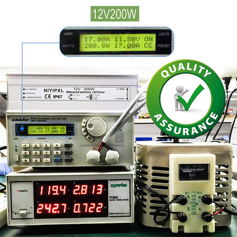 Testing setup for Heavy Duty 200W IP67 Waterproof LED Power Supply 90V To 130V AC To 12V DC Transformer in lab environment.