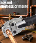 Hydraulic Crimping Tool With 65 MPa Auto Pressure Relief, One Half To One Inch Dies For Copper Pipes And F877 PEX Sleeves, Three Eighths To One Inch Dies For ASTM F1807 PEX Rings, Lightweight Yet Rugged Aluminum Construction, Leak Proof System For Pro on copper pipe