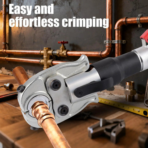 Hydraulic Crimping Tool With 65 MPa Auto Pressure Relief, One Half To One Inch Dies For Copper Pipes And F877 PEX Sleeves, Three Eighths To One Inch Dies For ASTM F1807 PEX Rings, Lightweight Yet Rugged Aluminum Construction, Leak Proof System For Pro on copper pipe