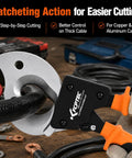 Heavy Duty Ratchet Cable Cutter For Copper And Aluminum 600 MCM Electrical Wire Tool with cutting cable in hand.