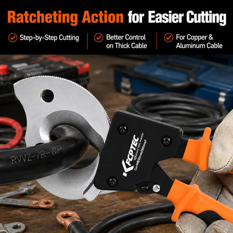 Heavy Duty Ratchet Cable Cutter For Copper And Aluminum 600 MCM Electrical Wire Tool with cutting cable in hand.