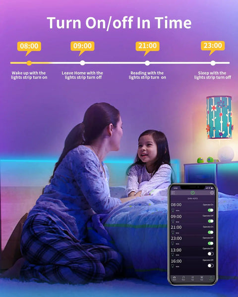 Family using 66Ft Waterproof LED Light Strips For Outdoor RGB Color Changing With App Bluetooth Music Sync in bedroom