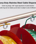 Pro Grade Stainless Steel Wire Spool Dispenser with adjustable outlet ring for easy cable management and organization.