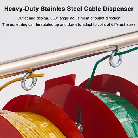 Pro Grade Stainless Steel Wire Spool Dispenser with adjustable outlet ring for easy cable management and organization.