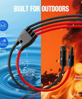 Integrated Solar Connector Kit With 2 To 4 Y Branch Parallel PV Adapter Cable for solar panels shown with water and fire proofing icons
