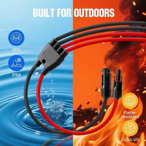 Integrated Solar Connector Kit With 2 To 4 Y Branch Parallel PV Adapter Cable for solar panels shown with water and fire proofing icons
