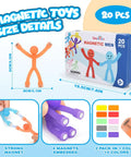 Ultimate 20-Piece Magnetic Fidget Toys Set for Kids in tin, showing orange silicone figure with magnets, dimensions labeled.