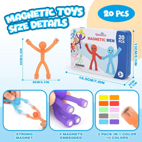 Ultimate 20-Piece Magnetic Fidget Toys Set for Kids in tin, showing orange silicone figure with magnets, dimensions labeled.